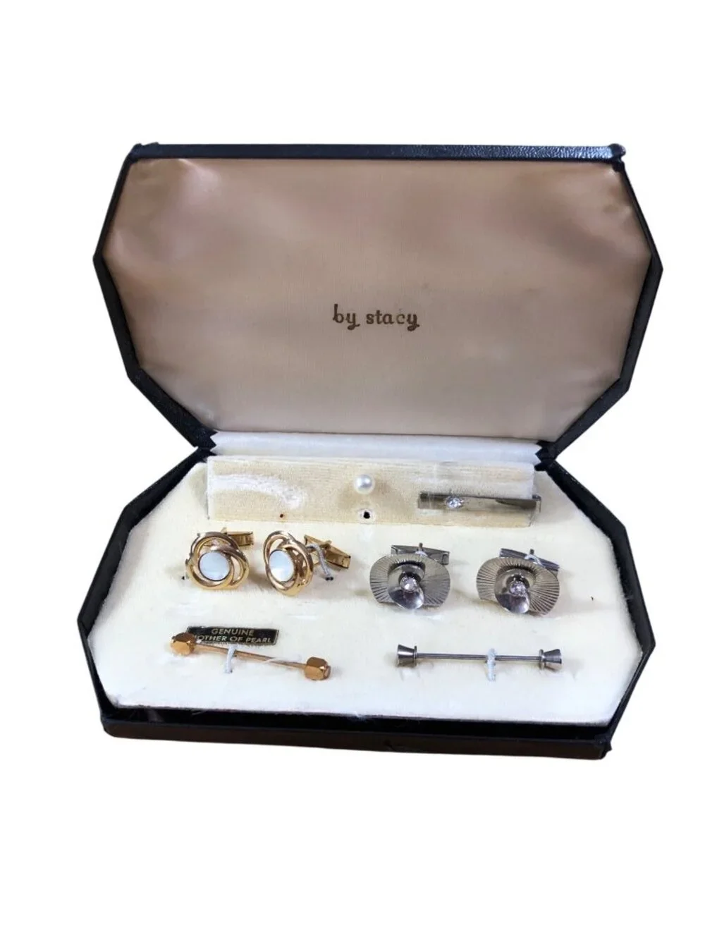 Vintage Stacy Cufflinks Tie Clips Set Mother Of Pearl Rhinestone Details Mens